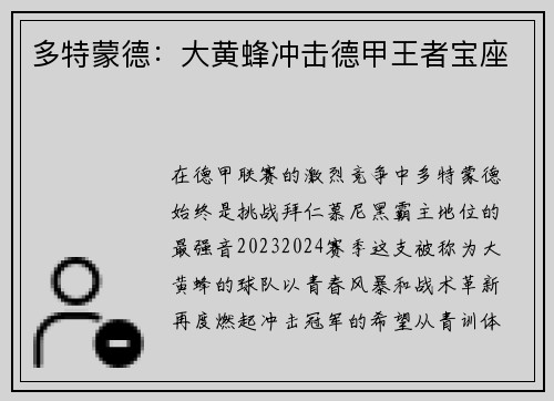 多特蒙德：大黄蜂冲击德甲王者宝座