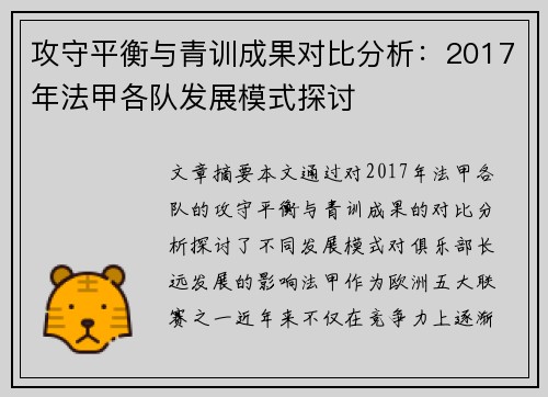 攻守平衡与青训成果对比分析：2017年法甲各队发展模式探讨