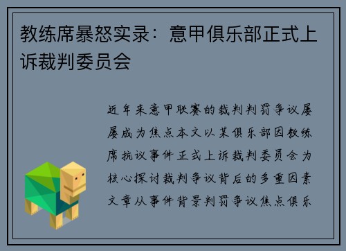 教练席暴怒实录：意甲俱乐部正式上诉裁判委员会