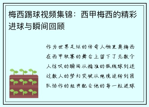 梅西踢球视频集锦：西甲梅西的精彩进球与瞬间回顾