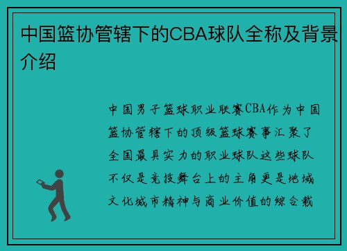 中国篮协管辖下的CBA球队全称及背景介绍