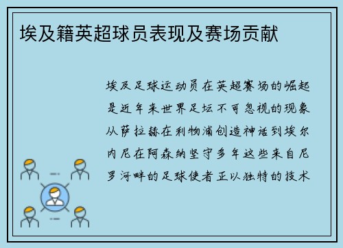 埃及籍英超球员表现及赛场贡献